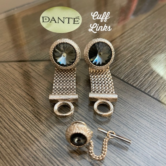 Dante Jewelry - Vintage Silver-tone DANTE Bold Frame Blue Rivoli Glass Stone Mesh Wrap Cufflinks